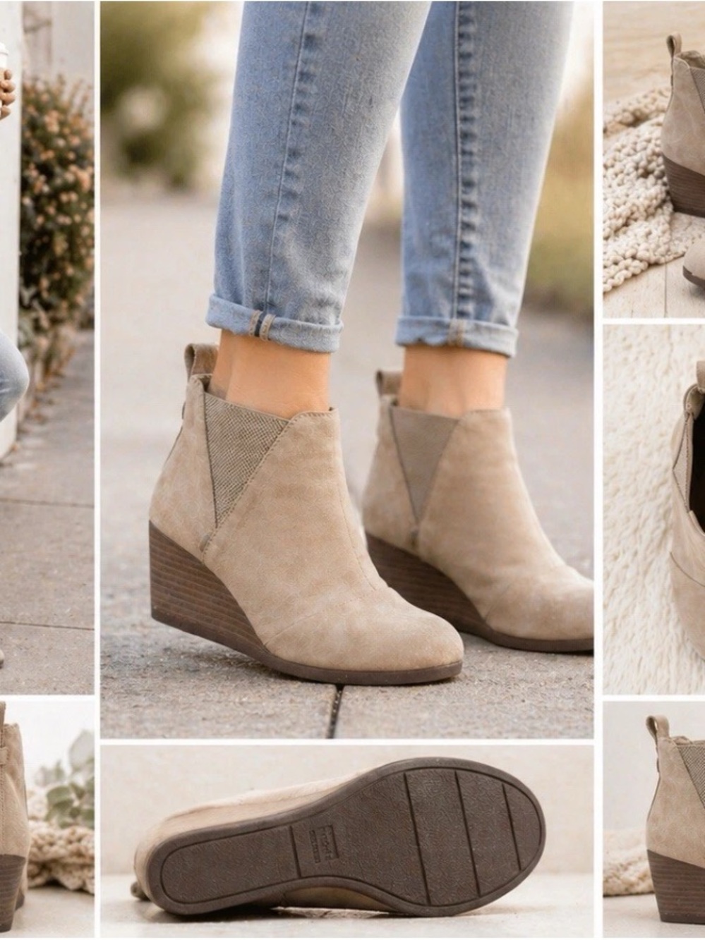 TOMS Ankle Booties Womens 7 Beige Suede Chelsea Wedge Pull On Boots Minimalist